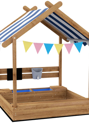 Wooden Sandbox with Canopy, House Design for 3-7 Years Old, Brown