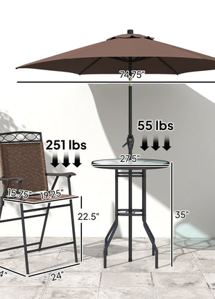 4 Piece Outdoor Bar Set with Umbrella, Patio Dining Set with 2 Folding Chairs, Wave Textured Tempered Glass Table, Brown