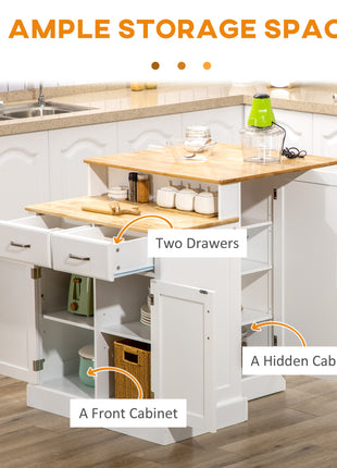 Kitchen Island with 2-Level Rubber Wood Tabletop, Island Table with Adjustable Shelves and Drawers, White
