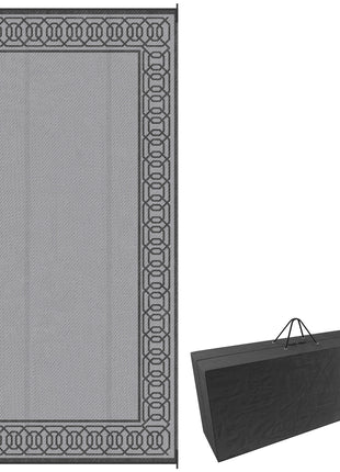 RV Mat, Outdoor Patio Rug / Large Camping Carpet, 9' x 18', Waterproof Plastic Straw, Reversible, Black & Gray Border