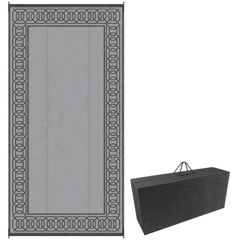 RV Mat, Outdoor Patio Rug / Large Camping Carpet, 9' x 18', Waterproof Plastic Straw, Reversible, Black & Gray Border