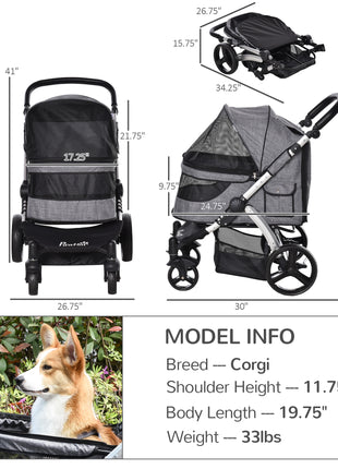 Pet Stroller Foldable Dog Cat Travel Carriage with Adjustable Handlebar PVC Wheel Brake Storage Bag Mesh Window Safety Leash Aluminum Grey