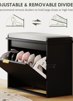 Shoe Storage Bench with Padded Seat Cushion and Flip-Drawer, Entryway Bench, Shoe Cabinet, 24.4x10.2x18.7 Inches, Black