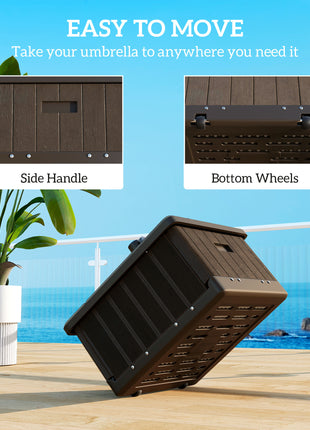 3-in-1 Outdoor Umbrella Base with Wheels and Handles, End Table, Flower Box Planter with Hole, 175 lbs. Capacity, Brown