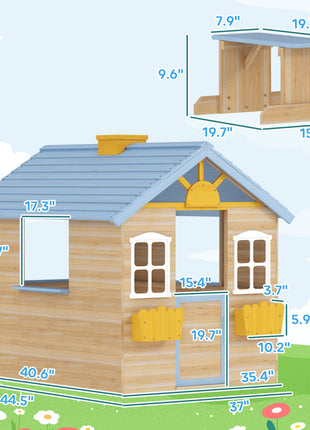 Wooden Playhouse for Kids Outdoor Garden with Working Door, Windows, Bench, Service Station, Flowers Pot Holder, Blue