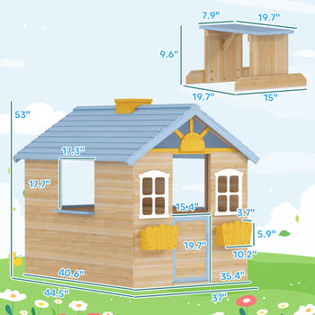 Wooden Playhouse for Kids Outdoor Garden with Working Door, Windows, Bench, Service Station, Flowers Pot Holder, Blue