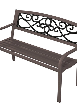 50" Outdoor Bench, Metal Garden Bench with Floral Pattern Backrest, Porch Bench with Slatted Seat for Park, Yard, Lawn, Brown