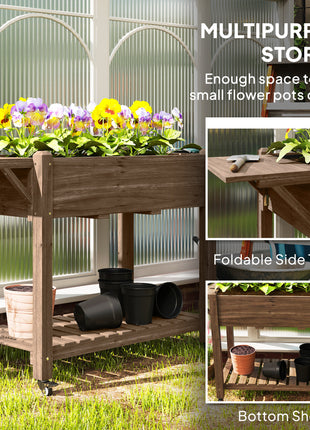 Wood Raised Planter Box, Elevated Garden Bed with Lockable Wheels, Side Tables, Bottom Shelf, Drain Holes, Carbonized