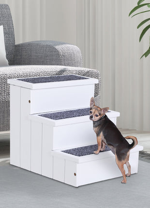 3 Step Wooden Carpeted Non Slip Pet Stairs Ramp for Cats and Small Dogs - White