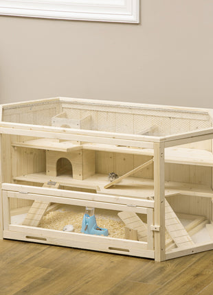 Wooden Large Hamster Cage Small Animal Exercise Play House 3 Tier with Tray, Seesaws, Water Bottle, Activity Center, Natural