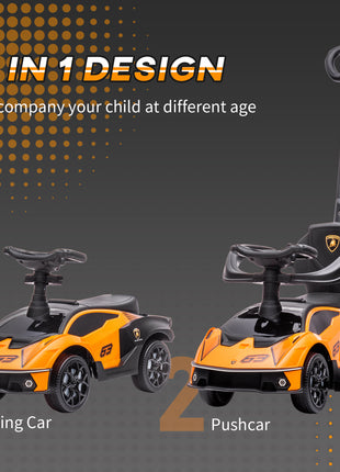 2-in-1 Ride On Push Car for Toddlers 1-3, Licensed Lamborghini Stroller Sliding Car, Push-Along with Under Seat Storage Horn Engine Sound and Steering Wheel, Manual, Orange