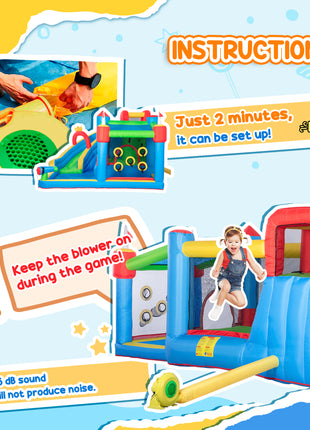 6-in-1 Inflatable Water Slide with Splash Pool, Slide, Climbing Wall, Water Cannon, Inflatable Bounce House for Kids with 2 Min. Inflation and Air Blower