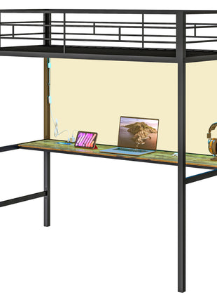Twin Size Loft Bed with Desk, LED Lights, Charging Station, Twin Metal Loft Bed Frame with Ladder, Black