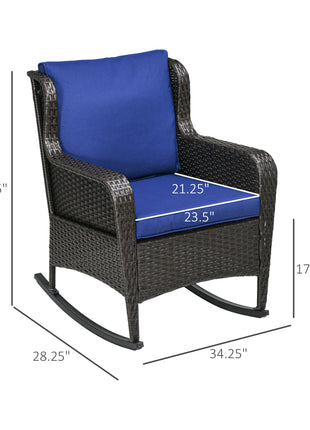 Outdoor Wicker Rocking Chair, Rattan Rocker with Cushions, Steel Frame for Patio, Garden, Backyard, Dark Blue
