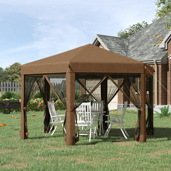13' x 11' Hexagonal Pop Up Gazebo, Heavy Duty Outdoor Canopy Tent with 6 Mesh Sidewall Netting, 3-Level Adjustable Height and Strong Steel Frame, Brown