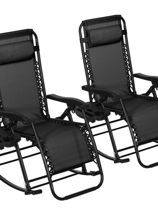 2 Outdoor Rocking Chairs Foldable Reclining Zero Gravity Lounge Rockers w/ Pillow Cup & Phone Holder, Black