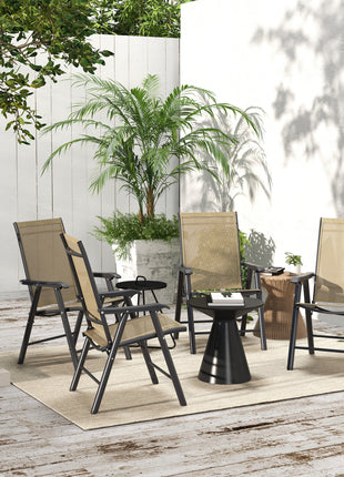 Set of 4 Outdoor Folding Chairs, Stackable Patio Dining Chairs with Armrests, Metal Frame, Light Mixed Brown