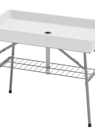 3.4ft Folding Ice Cooler Table with Drain, Fill and Chill Table Outdoor Table Cooler with Storage Shelf, Drink Cooler for Parties Picnic BBQ Camping Wedding, White