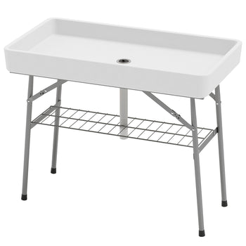 3.4ft Folding Ice Cooler Table with Drain, Fill and Chill Table Outdoor Table Cooler with Storage Shelf, Drink Cooler for Parties Picnic BBQ Camping Wedding, White