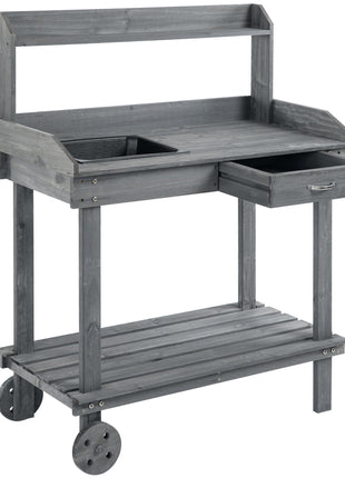 36'' Wooden Potting Bench Work Table with 2 Removable Wheels, Sink, Drawer & Large Storage Spaces, Gray