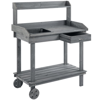 36'' Wooden Potting Bench Work Table with 2 Removable Wheels, Sink, Drawer & Large Storage Spaces, Gray