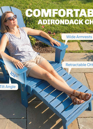 Folding Adirondack Chair Set of 2, HDPE Fire Pit Chair with Retractable Ottoman and Cup Holder, Blue