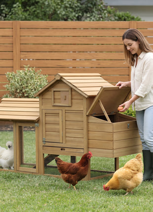 59" Small Wooden Chicken coop Hen House Poultry Cage for Outdoor Backyard with 2 Doors, Nesting Box and Removable Tray, Natural Wood