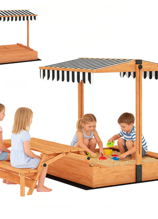 Kids Sandbox with Lid, Wooden Sand Pit with Canopy, Foldable Picnic Table, Bench Seats, Bottom Liner, Cover, Brown