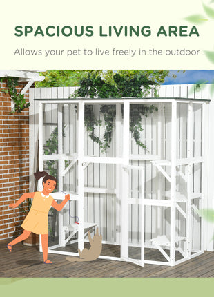 Outdoor Cat House Big Catio Wooden Feral Cat Shelter Enclosure with Large Spacious Interior, 6 High Ledges, Weather Protection Asphalt Roof, 71" L, White