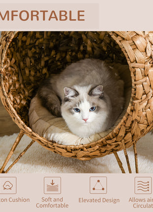 20.5" Weaved Cat Bed, Elevated Hand-woven Braided Banana Leaf Kitten House Condo with Cushion, Natural