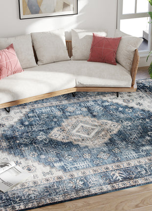 8x10 Area Rug, Vintage Washable Rug, Non-Slip Floor Carpet for Living Room, Bedroom, Dining Room, Blue