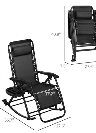 2 Outdoor Rocking Chairs Foldable Reclining Zero Gravity Lounge Rockers w/ Pillow Cup & Phone Holder, Black