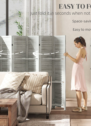 6 Panel 67" Tall Wood Privacy Screen Room Divider with 3 Shelves and Folding Storage for Bedroom, White