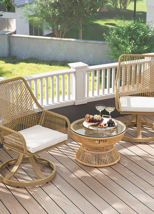 Patio Swivel Chairs Set of 2, Rattan Patio Dining Chairs with Soft Cushions for Backyard, Lawn, Porch, or Garden, Khaki