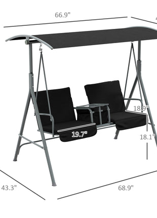 2-Seater Outdoor Porch Swing with Canopy and Table, Patio Swing Chair for Garden, Poolside, Backyard, Black