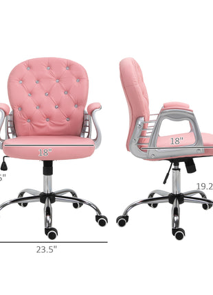 Makeup Vanity Chair, PU Leather Computer Task Chair with Button Tufted, Padded Armrests, Adjustable Height and Swivel Wheels, Pink