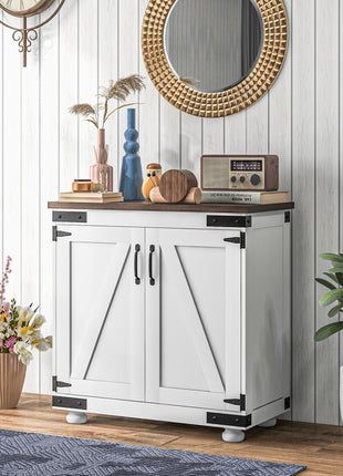 Kitchen Sideboard, Buffet Cabinet with Barn Door and Adjustable Shelf, Distressed White