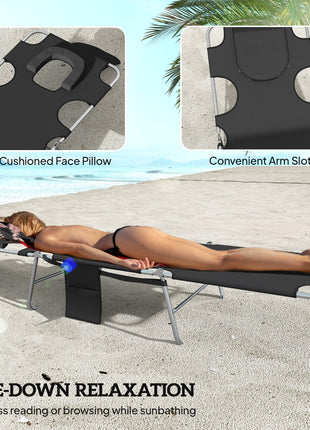 2 Tanning Chairs with Face Hole, 5-Level Adjustable Outdoor Chaise Lounge Chair with Pillow for Beach, Pool, Black