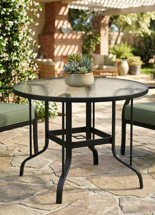 38" Round Patio Table with Umbrella Hole, Tempered Glass Outdoor Dining Table, Black
