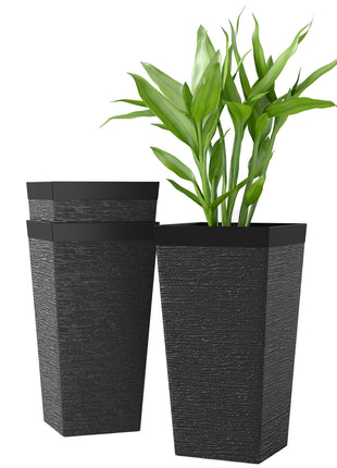 22.8 Inch Set of 3 Outdoor Planters with Stone Finish and Wheels, Stackable Tapered Planters with Drainage Hole, Black
