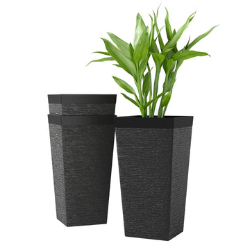 22.8 Inch Set of 3 Outdoor Planters with Stone Finish and Wheels, Stackable Tapered Planters with Drainage Hole, Black