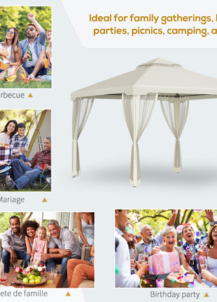 9.6' x 9.6' Patio Gazebo, Outdoor Canopy Shelter with 2-Tier Roof and Netting, Steel Frame for Garden, Lawn, Backyard, and Deck, Cream White
