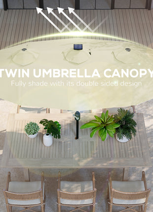 Double-sided Patio Umbrella, 9.7' Outdoor Umbrella with Tilt and Crank, LED Solar Light and 12 Ribs, Cream White