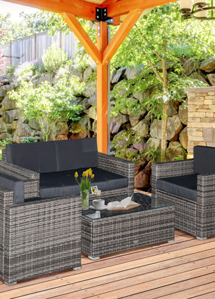 4 Piece Wicker Patio Furniture Set with Cushions, Outdoor Sectional Furniture with 2 Sofa, Loveseat, and Glass Top Coffee Table, Conversation Sofa Sets for Garden, Black