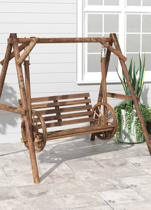 2-Seat Porch Swing with A-Frame Stand, Wooden Log Patio Swing Chair Bench with Wagon Wheel Armrests, Carbonized Brown