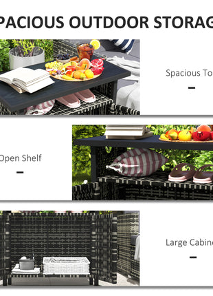 Outdoor Pool Towel Storage Cabinet Organizer, Outdoor Bar Table with Shelf and Cabinet, Pool Towel Holder Pool Valet with Weather-Resistant PE Rattan and Steel Frame, Mixed-Gray