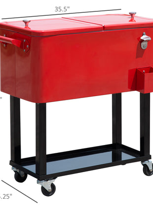 80 QT Rolling Cooling Bins Ice Chest on Wheels Outdoor Stand Up Drink Cooler Cart for Party, Red