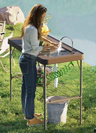 Folding Fish Cleaning Table with Sink, Portable Camping Table with Faucet, Drainage Hose, Sprayer and Shelf, Tan