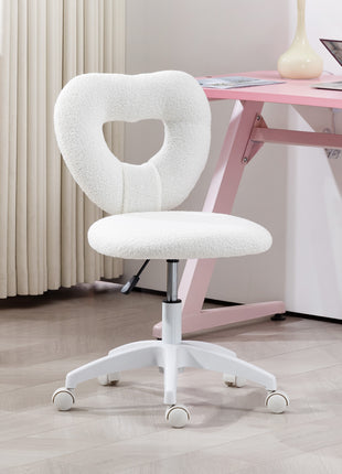 Armless Computer Desk Chair, Office Task Chair, Teddy Fleece Heart Makeup Vanity Chair with Swivel Wheels, White