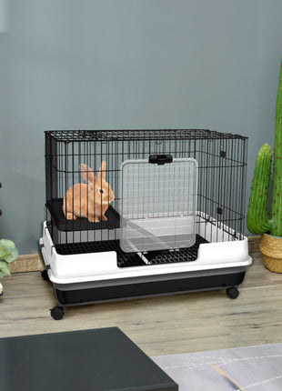 2-Level Small Animal Cage Rabbit Hutch with Wheels, Removable Tray, Platform and Ramp for Bunny, Chinchillas, Ferret, Black